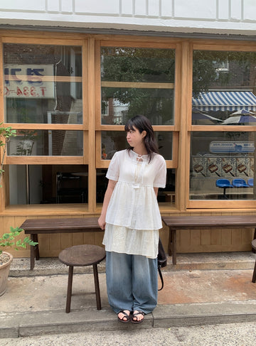 Hanoyu Shirring Ribbon Button Strap Short Sleeve Blouse